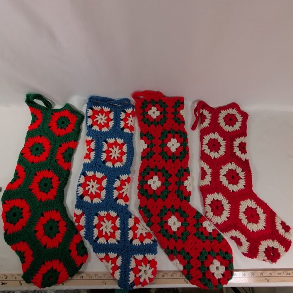 Set of 4 Handmade Crochet Christmas Stockings Granny Square Vintage Holiday